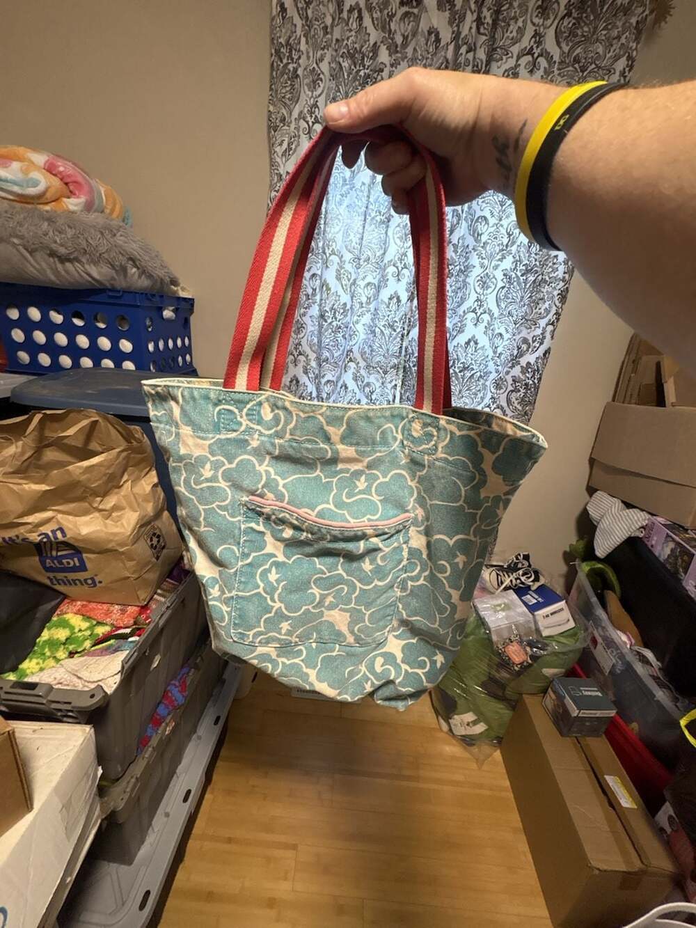 Aerie Blue Cloud Pattern Canvas Tote Bag with Red Striped Straps